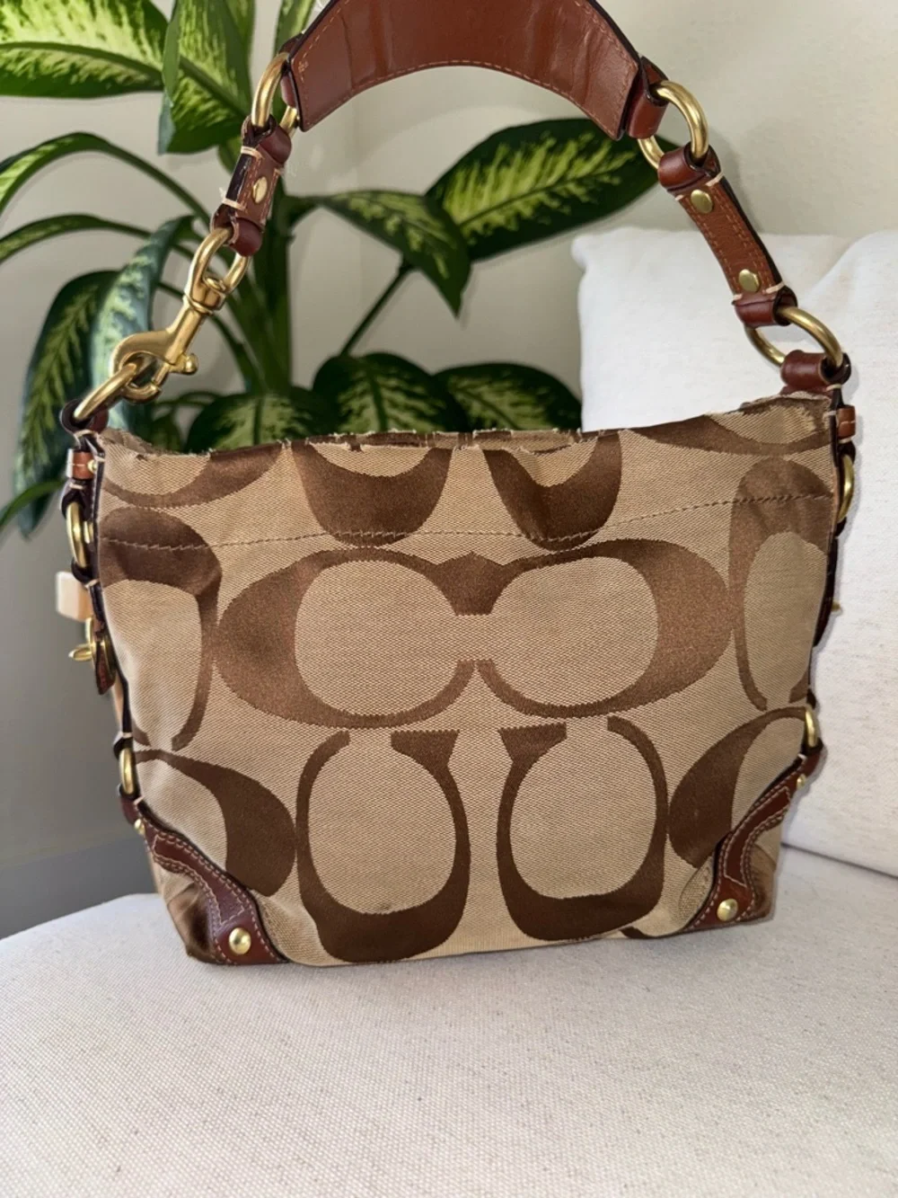 Coach Y2K Vintage Signature Carly Canvas Brown Tan Hobo Shoulder HandBag #10619